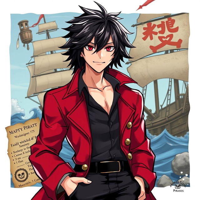 A male pirate character illustrated in a captivating manga art style, showcasing shaggy black hair and intense red eyes