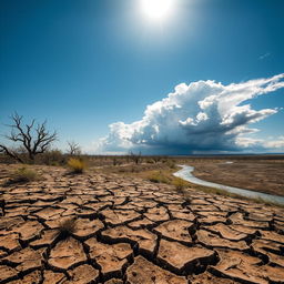 A dramatic landscape showcasing the destructive effects of drought on a previously lush area