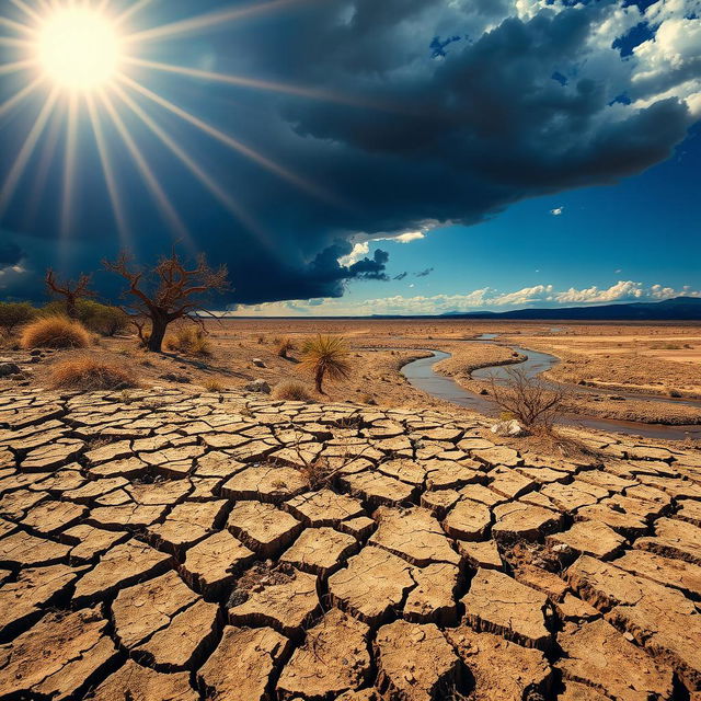 A dramatic landscape showcasing the destructive effects of drought on a previously lush area