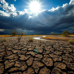 A dramatic landscape showcasing the destructive effects of drought on a previously lush area