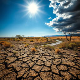 A dramatic landscape showcasing the destructive effects of drought on a previously lush area