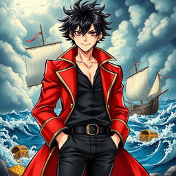 A detailed manga art style cover for a pirate light novel featuring a male character with shaggy black hair and striking red eyes