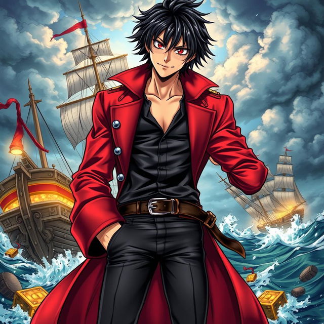 A detailed manga art style cover for a pirate light novel featuring a male character with shaggy black hair and striking red eyes