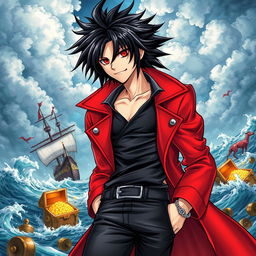 A detailed manga art style cover for a pirate light novel featuring a male character with shaggy black hair and striking red eyes