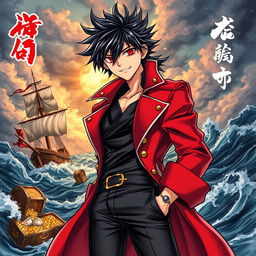 A detailed manga art style cover for a pirate light novel featuring a male character with shaggy black hair and striking red eyes