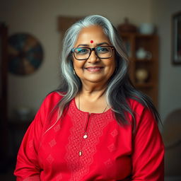 A 60-year-old dusky Indian plus-size housewife, embodying grace and warmth