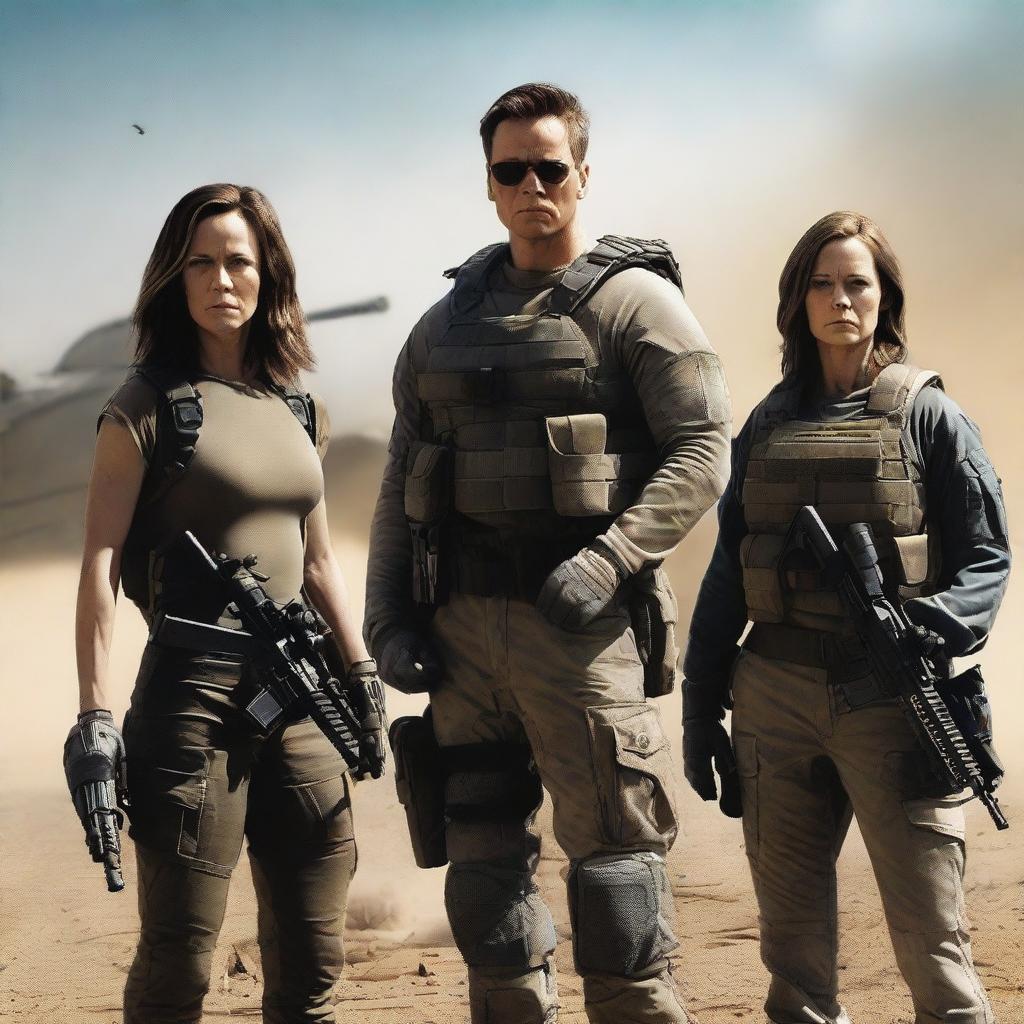 A high-resolution digital art image depicts John Connor, a man in his mid-40s, in the center, dressed in military field gear