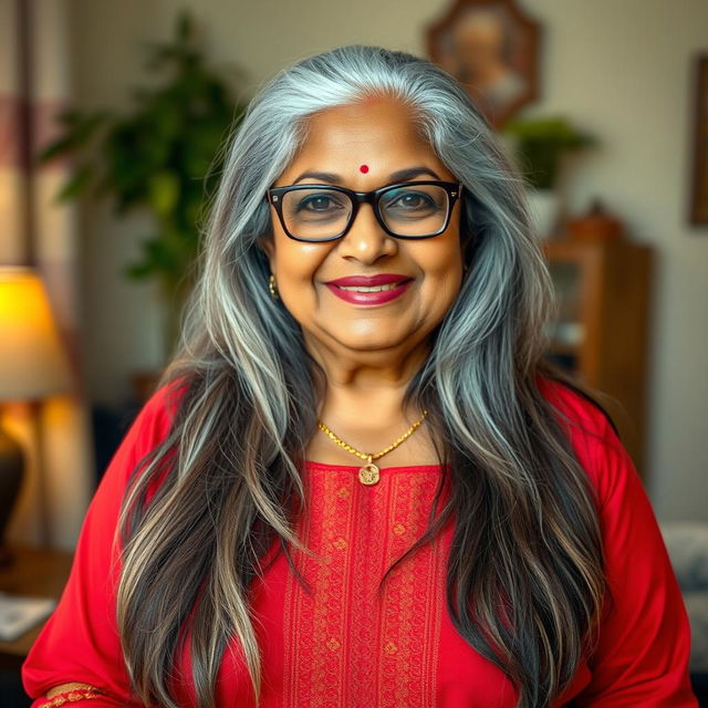 A 60-year-old dusky Indian plus-size housewife, embodying grace and warmth
