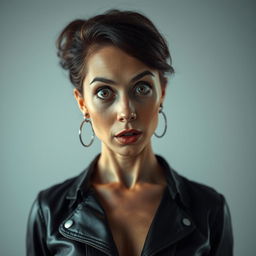 A captivating 40-year-old woman exuding a confident and edgy vibe, dressed in a stylish yet modestly sexy outfit that fully covers her