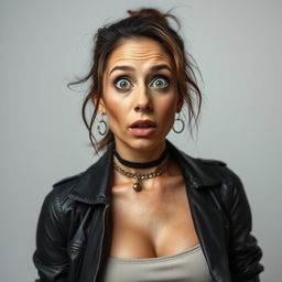 A captivating 40-year-old woman exuding a confident and edgy vibe, dressed in a stylish yet modestly sexy outfit that fully covers her