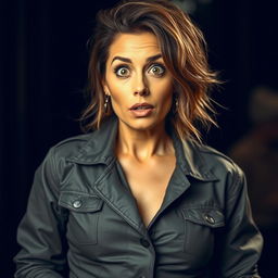 A captivating 40-year-old woman exuding a confident and edgy vibe, dressed in a stylish yet modestly sexy outfit that fully covers her
