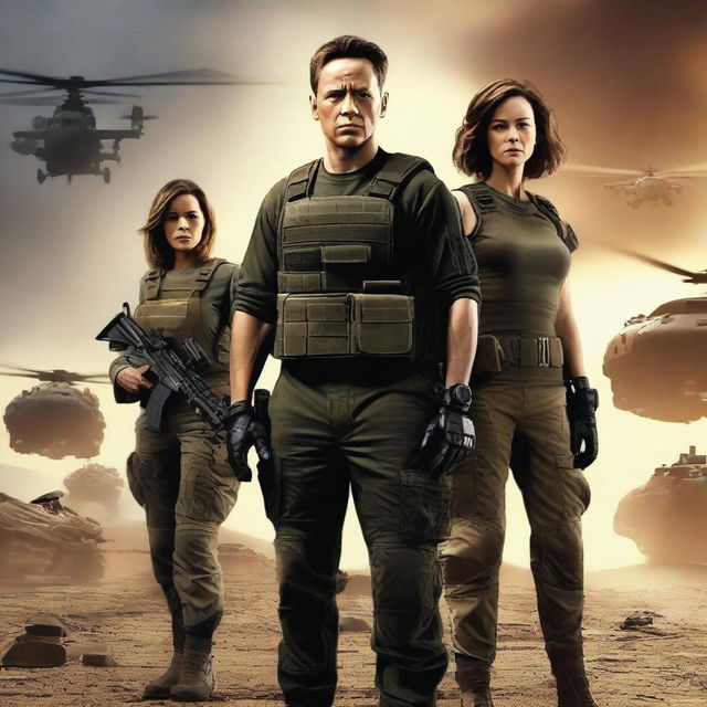 A high-resolution digital art image depicts John Connor, a man in his mid-40s, in the center, dressed in military field gear