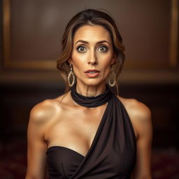A striking 40-year-old woman who embodies confidence and allure, dressed in a sexy yet fully modest outfit that does not reveal any skin