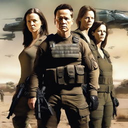 A high-resolution digital art image depicts John Connor, a man in his mid-40s, in the center, dressed in military field gear