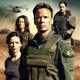 A high-resolution digital art image depicts John Connor, a man in his mid-40s, in the center, dressed in military field gear