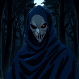 A menacing anime villain wearing a striking white mask, with one piercing dark red eye visible