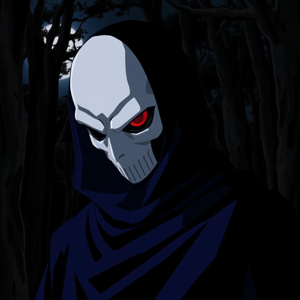 A menacing anime villain wearing a striking white mask, with one piercing dark red eye visible