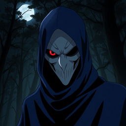 A menacing anime villain wearing a striking white mask, with one piercing dark red eye visible