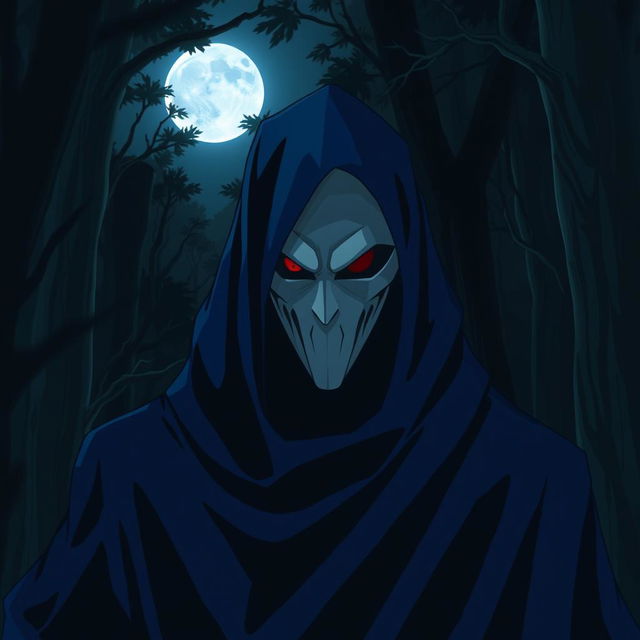 A menacing anime villain wearing a striking white mask, with one piercing dark red eye visible