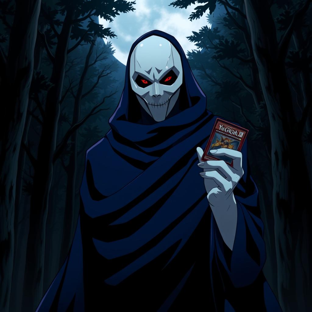 A menacing anime villain wearing a striking white mask, with one piercing dark red eye visible