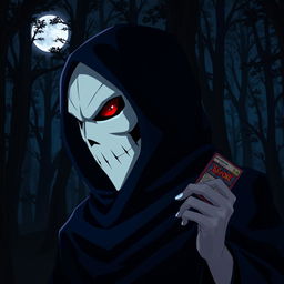 A menacing anime villain wearing a striking white mask, with one piercing dark red eye visible