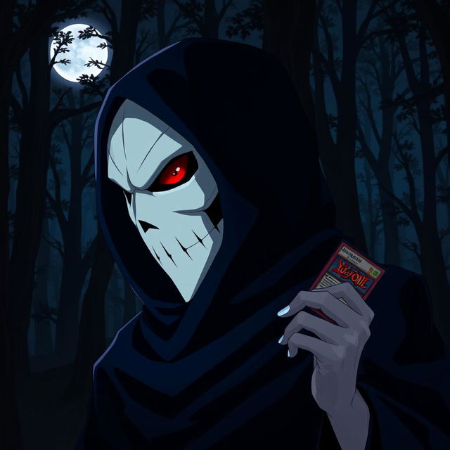 A menacing anime villain wearing a striking white mask, with one piercing dark red eye visible