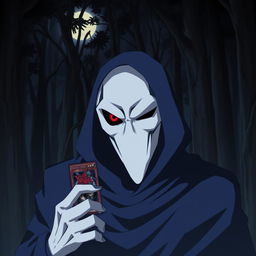 A menacing anime villain wearing a striking white mask, with one piercing dark red eye visible