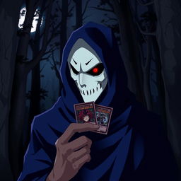 A menacing anime villain wearing a striking white mask, with one piercing dark red eye visible