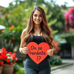 A stunning 30-year-old woman with long, flowing hair stands gracefully holding a heart-shaped sign that says: "On se rencontre !?" She is dressed in a trendy outfit that showcases her elegance, radiating confidence with a joyful smile