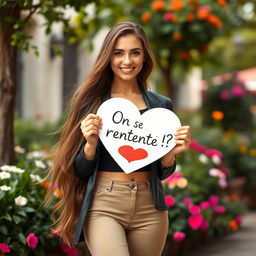 A stunning 30-year-old woman with long, flowing hair stands gracefully holding a heart-shaped sign that says: "On se rencontre !?" She is dressed in a trendy outfit that showcases her elegance, radiating confidence with a joyful smile