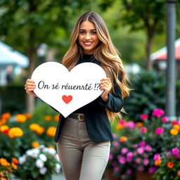 A stunning 30-year-old woman with long, flowing hair stands gracefully holding a heart-shaped sign that says: "On se rencontre !?" She is dressed in a trendy outfit that showcases her elegance, radiating confidence with a joyful smile