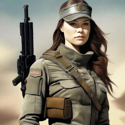 A high-quality digital art image featuring the actress Summer Glau dressed in military gear