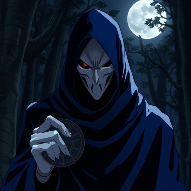 A menacing anime villain wearing a striking white mask, with one piercing dark red eye visible