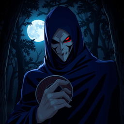 A menacing anime villain wearing a striking white mask, with one piercing dark red eye visible