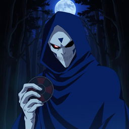 A menacing anime villain wearing a striking white mask, with one piercing dark red eye visible