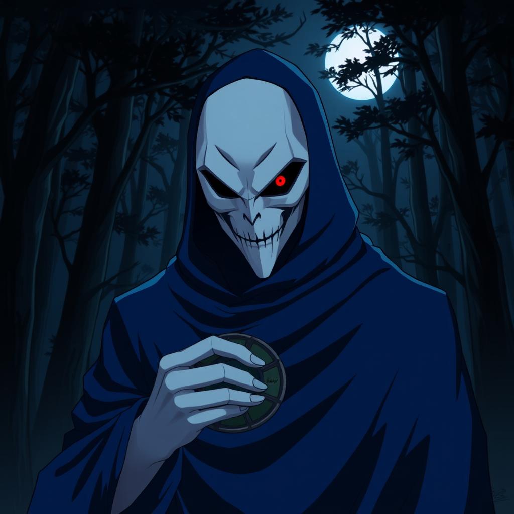 A menacing anime villain wearing a striking white mask, with one piercing dark red eye visible