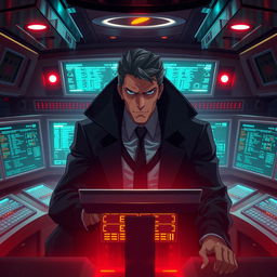 An imposing anime villain portrayed as a hacker, situated alone in the control cabin of a luxurious cruise ship