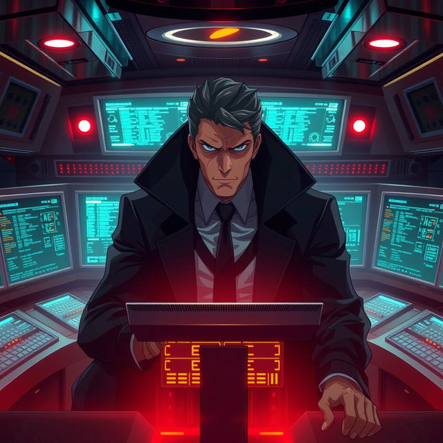 An imposing anime villain portrayed as a hacker, situated alone in the control cabin of a luxurious cruise ship