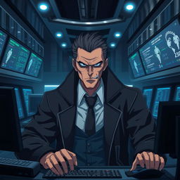 An imposing anime villain portrayed as a hacker, situated alone in the control cabin of a luxurious cruise ship