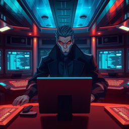 An imposing anime villain portrayed as a hacker, situated alone in the control cabin of a luxurious cruise ship