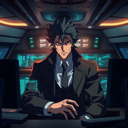 An imposing anime villain portrayed as a hacker, situated alone in the control cabin of a luxurious cruise ship