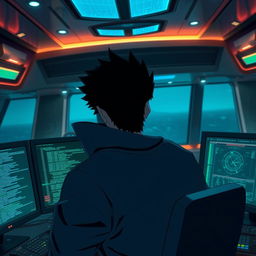 A young anime villain portrayed as a hacker, alone in the control cabin of a luxurious cruise ship