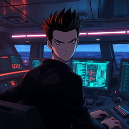 A young anime villain portrayed as a hacker, alone in the control cabin of a luxurious cruise ship