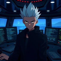 A young anime villain portrayed as a hacker, alone in the control cabin of a luxurious cruise ship