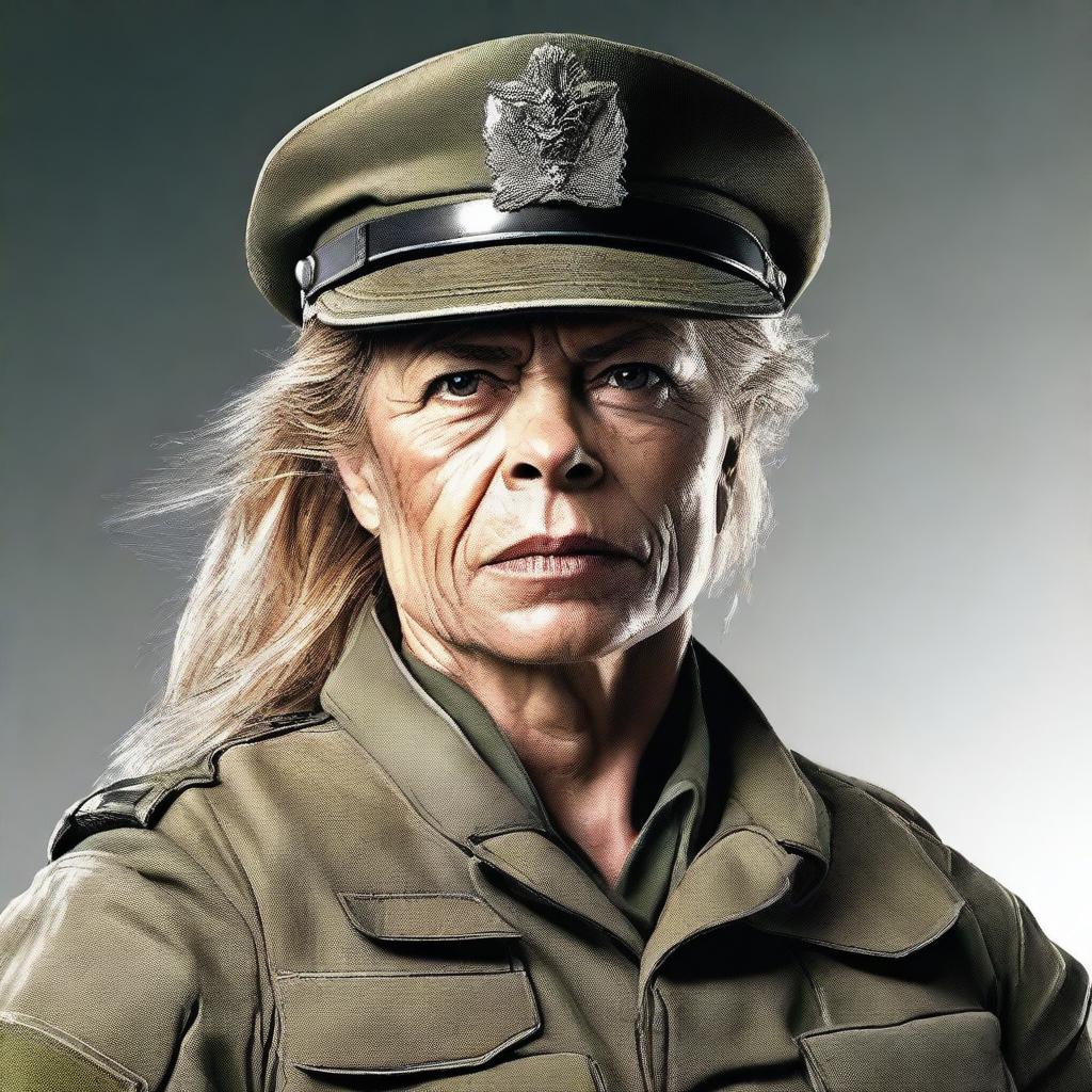 A high-quality digital art image of the actress Linda Hamilton, aged 70, clad in military gear