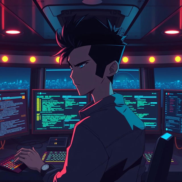 A young anime villain portrayed as a hacker, alone in the control cabin of a luxurious cruise ship