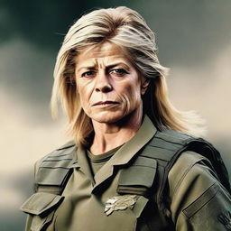 A high-quality digital art image of the actress Linda Hamilton, aged 70, clad in military gear