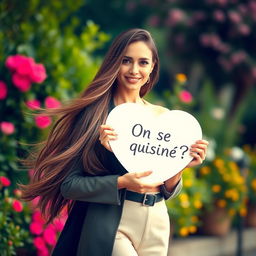 A stunning 30-year-old woman with long, flowing hair stands elegantly holding a heart-shaped sign that says: "On se connaît ?" in French