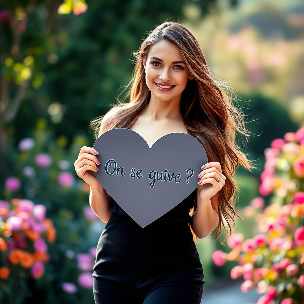 A stunning 30-year-old woman with long, flowing hair stands elegantly holding a heart-shaped sign that says: "On se connaît ?" in French