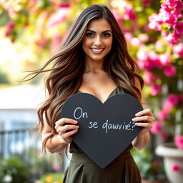 A stunning 30-year-old woman with long, flowing hair stands elegantly holding a heart-shaped sign that says: "On se connaît ?" in French